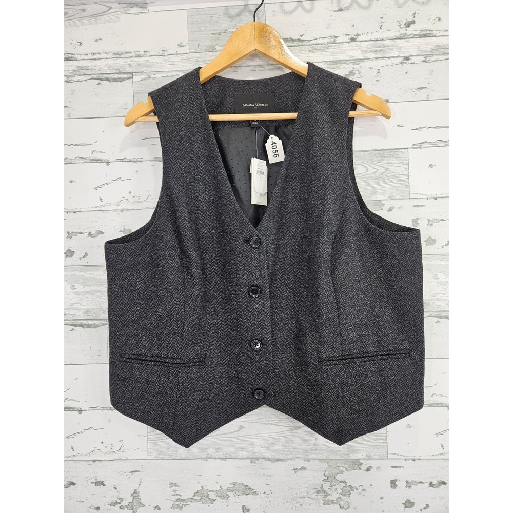 Banana Republic Women 18 Charcoal Grey Herringbone Wool Blend Tailored Vest